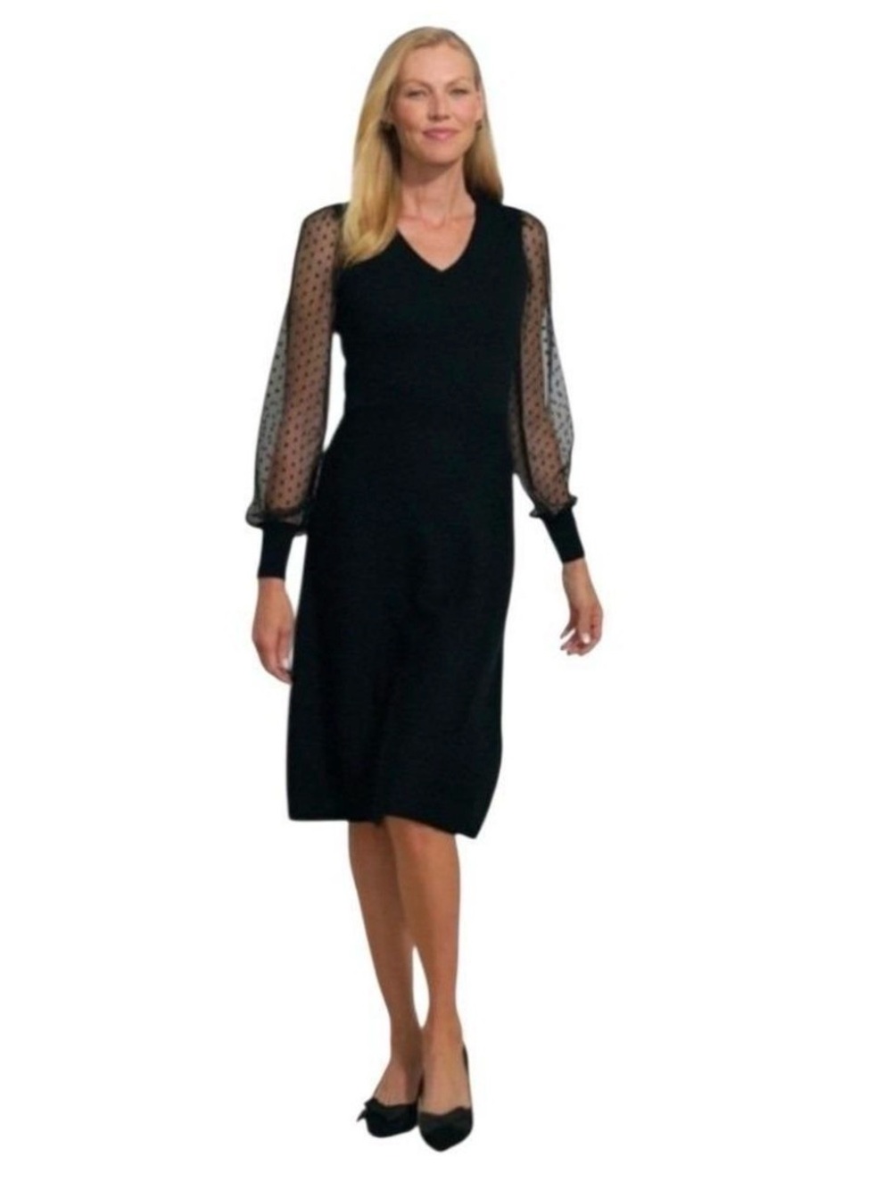 Talbots Black V-Neck Knit Dress with Sheer Polka-Dot Long Sleeves